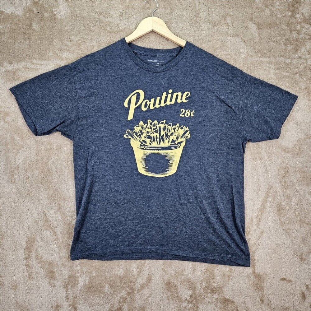 Poutine 28¢ Spell Out Graphic Print T-Shirt Mens Sz XL Blue Canada French Fries